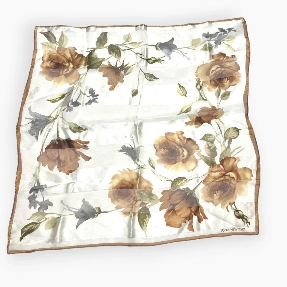 Anne Klein Silk Scarf Square Tan Green Rose Garden Elegant 21x21